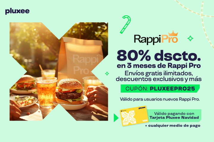 80% DSCTO EN RAPPI PRO POR 3 MESES. CÚPON: PLUXEEPRO25. VÁLIDO PARA NUEVOS USUARIOS O SIN UNA MEMBRESÍA ACTIVA LOS ÚLTIMOS 3 MESES.  VÁLIDO PAGANDO CO